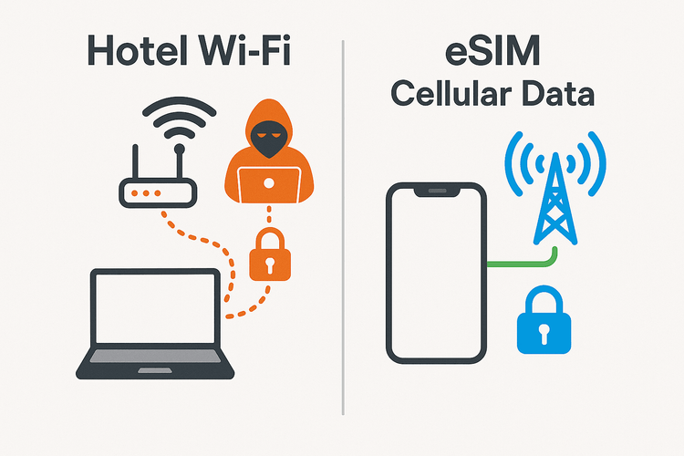 Infographic comparing the poor security of hotel Wi-Fi with the secure, encrypted connection of an eSIM.