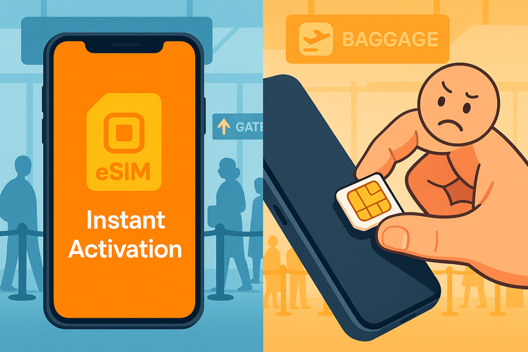 An illustration comparing the convenience of an instant eSIM activation on a phone versus the hassle of inserting a physical SIM card at an airport.