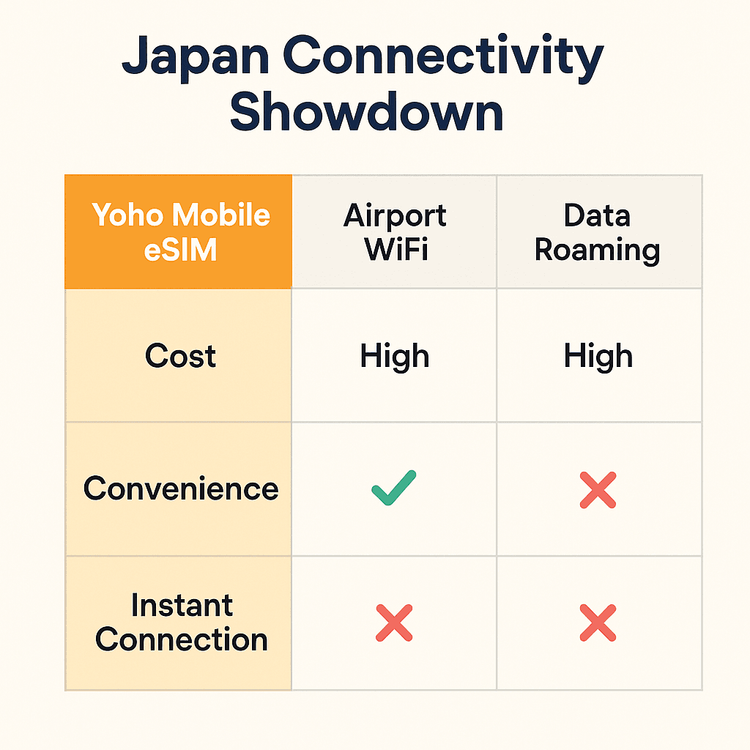 An infographic comparing the cost and convenience of a Yoho Mobile eSIM versus airport WiFi and data roaming for Japan.