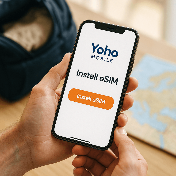 A person easily installing a Yoho Mobile eSIM on their smartphone before a volunteer trip.