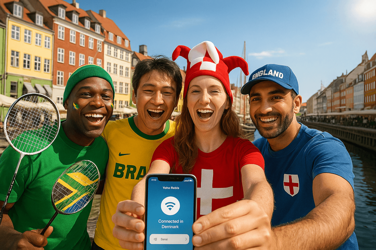 Happy badminton fans using a Yoho Mobile eSIM on their phone while sightseeing in Nyhavn, Copenhagen.
