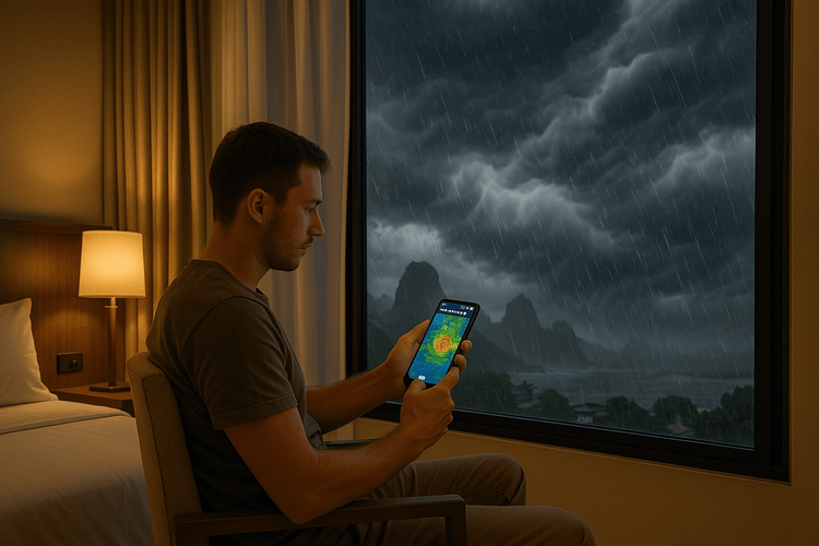 A traveler stays safely connected on their smartphone in a hotel room during a typhoon in Southeast Asia, demonstrating the importance of a reliable mobile connection.