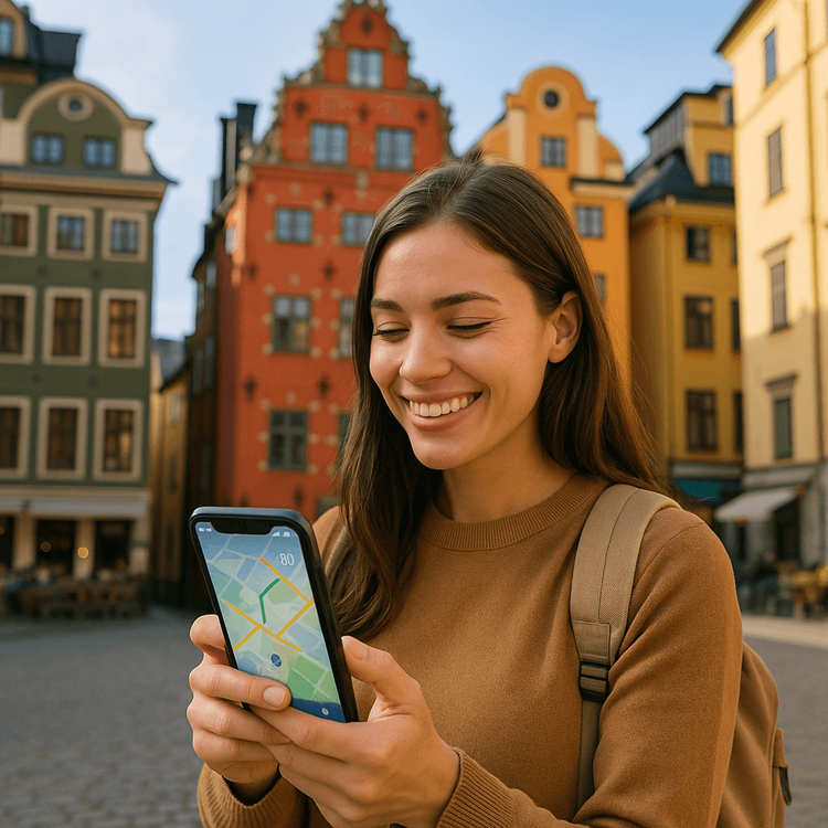 A happy traveler using her phone with a reliable Yoho Mobile eSIM connection in Stockholm.