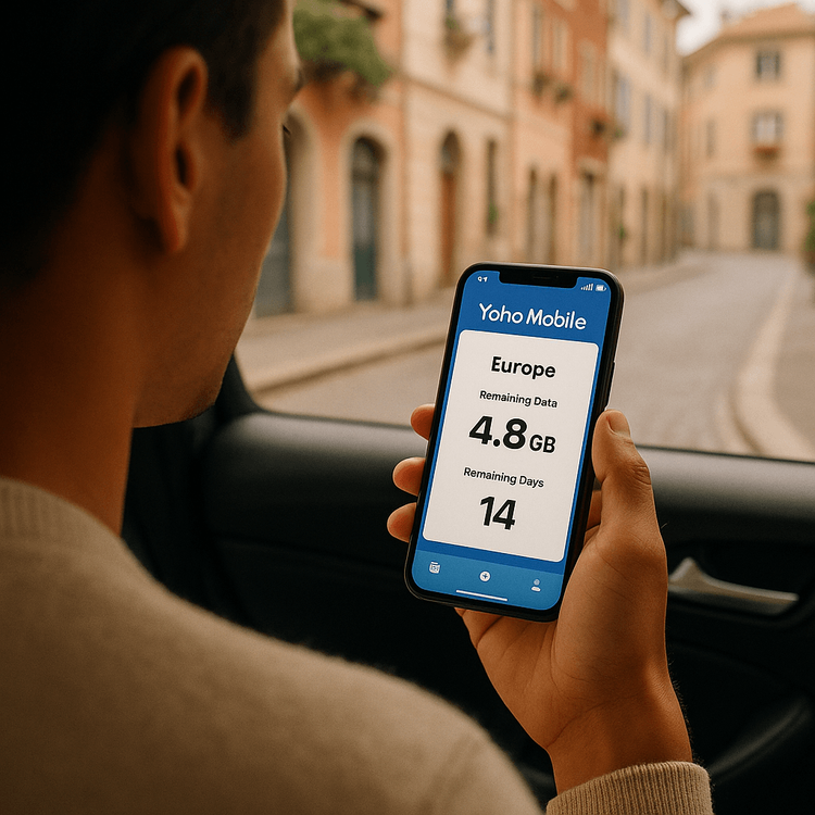 A traveler using the Yoho Mobile app on their smartphone to manage their eSIM data plan while in a car in Europe.