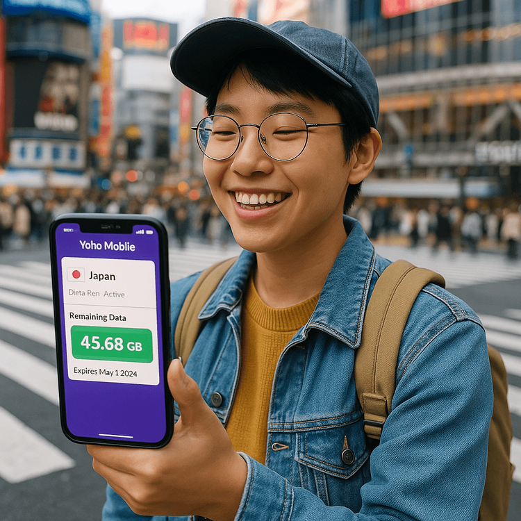 A happy Hong Kong traveler using the Yoho Mobile eSIM app on their phone at Shibuya Crossing, Tokyo.