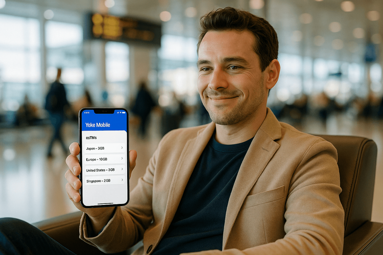 A traveler managing multiple Yoho Mobile eSIM plans on their smartphone in an airport lounge.