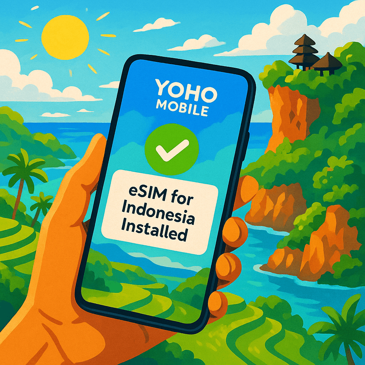 A phone displaying a successfully installed Yoho Mobile eSIM for Indonesia, ready for a trip to Bali.