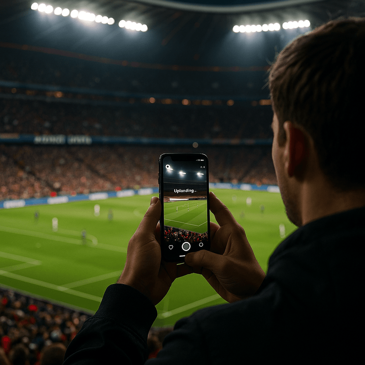 Fan's view from the stands at Allianz Arena, holding a smartphone to share the match experience online.
