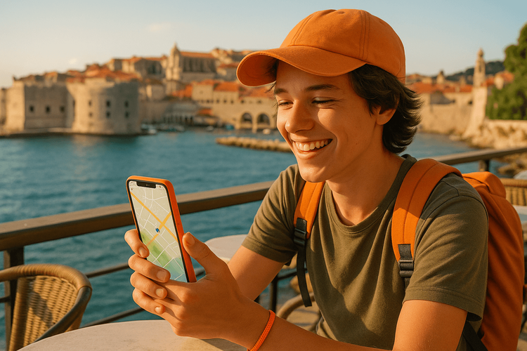 A traveler using a Yoho Mobile eSIM on their phone to navigate the old town of Dubrovnik, Croatia.