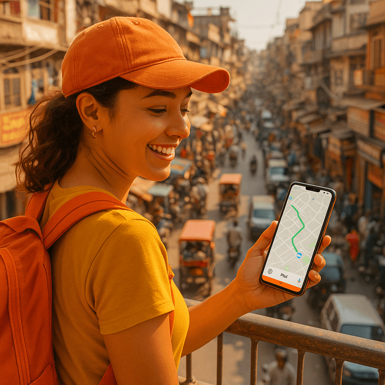 A traveler using a Yoho Mobile India eSIM for navigation in the busy streets of Delhi.