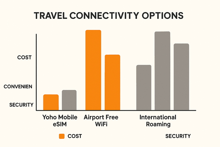 Infographic comparing Yoho Mobile eSIM, Airport WiFi, and Roaming on cost, convenience, and security.