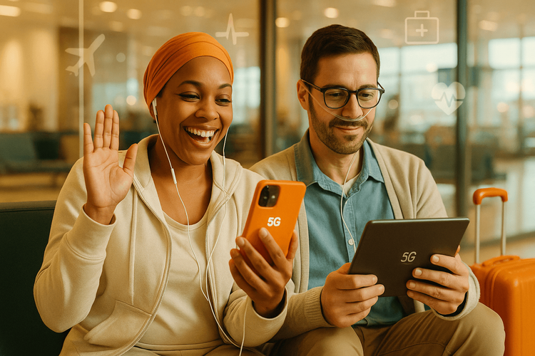 A patient and their companion using Yoho Mobile eSIM for reliable connectivity in an airport lounge during medical travel.