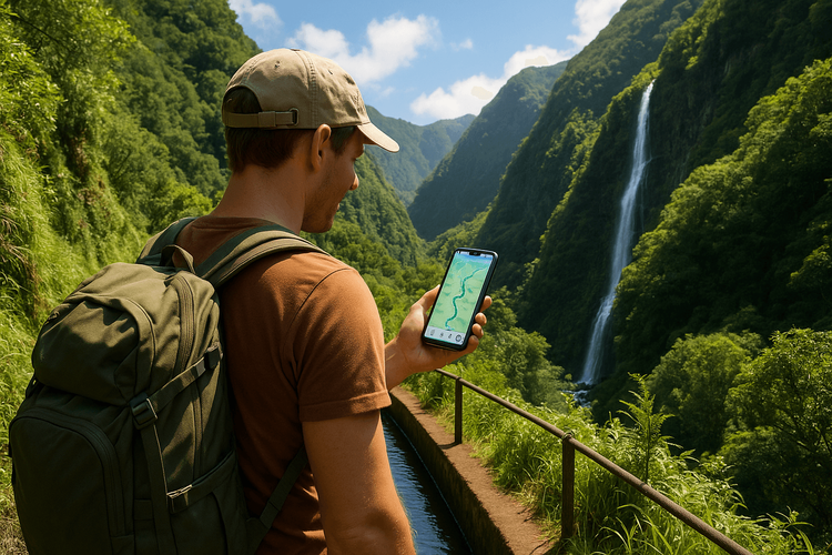 A hiker uses their smartphone for navigation on a beautiful Levada trail in Madeira, showcasing reliable mobile data from Yoho Mobile.