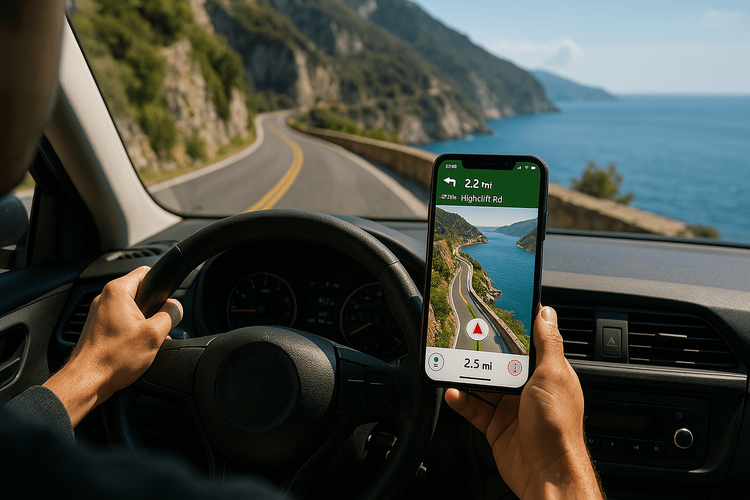 Driver using Google Maps for navigation on a scenic road trip with a reliable eSIM connection.