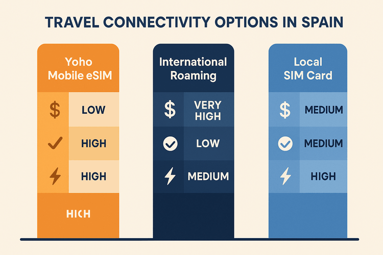 An infographic chart comparing the cost, convenience, and speed of Yoho Mobile eSIM, international roaming, and local SIM cards for travel in Spain.