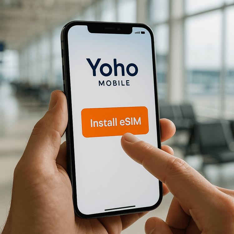 A user easily installing their Yoho Mobile eSIM on an iPhone with a single tap, highlighting the simple setup process.