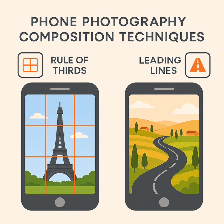 Infographic explaining the Rule of Thirds and Leading Lines for travel phone photography.