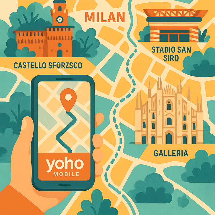 An illustrated map of Milan showing how Yoho Mobile eSIM helps travelers navigate the city's landmarks.