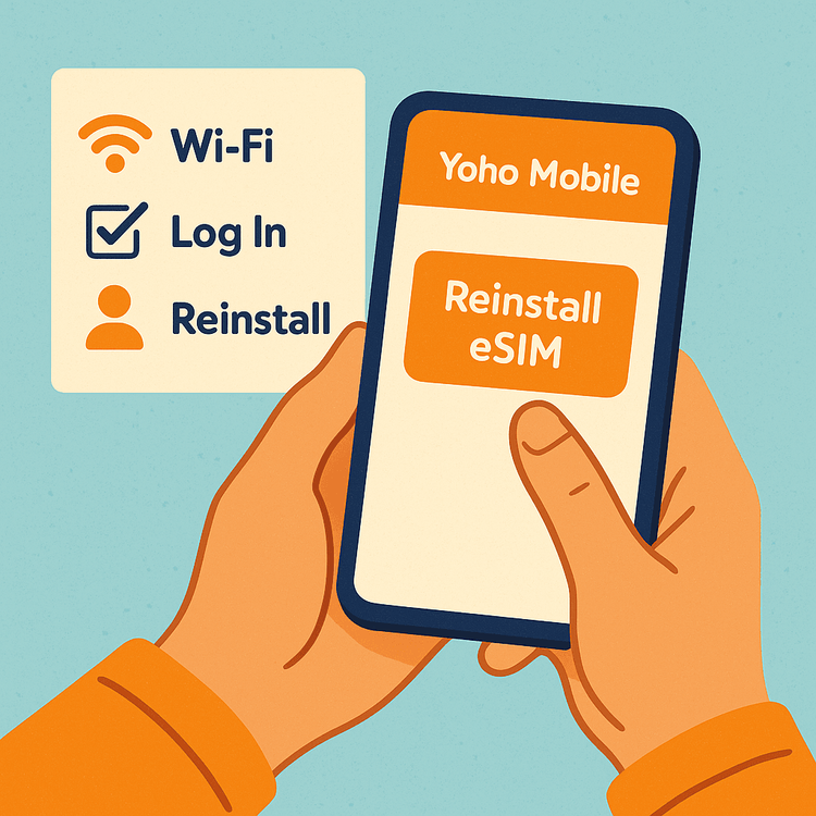 Illustration of the simple steps to reinstall a Yoho Mobile eSIM from the app.
