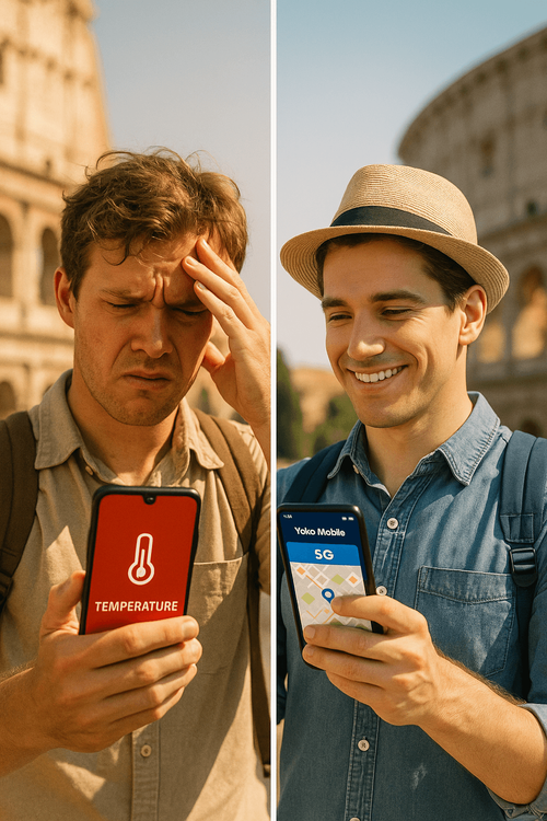A comparison showing a stressed traveler with an overheating phone versus a relaxed traveler using a Yoho Mobile eSIM with no issues.