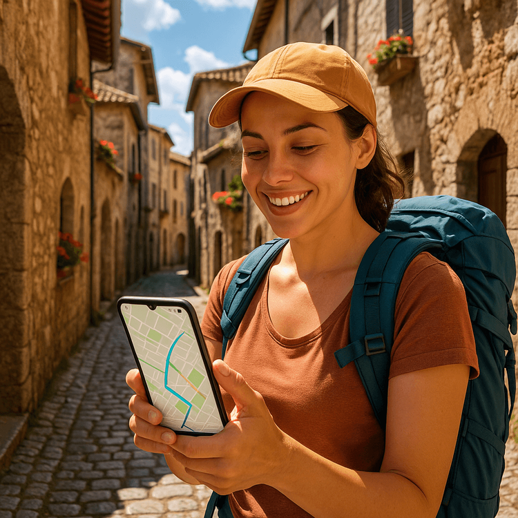 A traveler using a smartphone with a Yoho Mobile eSIM to navigate the historic streets of Anagni, Italy.