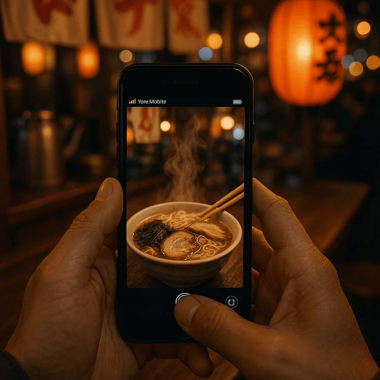 Traveler taking a photo of a delicious bowl of ramen in Japan with their smartphone.