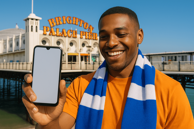 A football fan using a smartphone with a Yoho Mobile eSIM in front of Brighton Palace Pier.