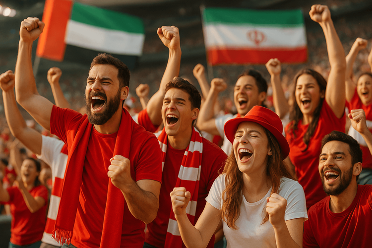 Football fans celebrating at an AFC Champions League match between teams from the UAE and Iran.