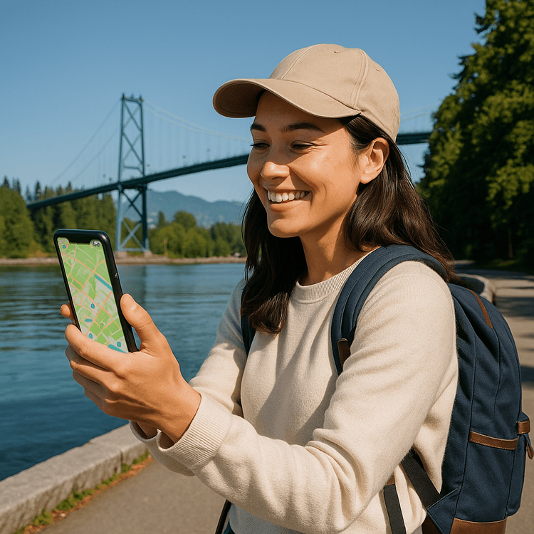 A traveler happily using her phone for navigation in Vancouver's Stanley Park, connected with a Yoho Mobile eSIM.