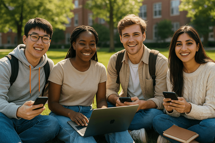 A diverse group of international students using Yoho Mobile eSIMs on their phones on a university campus.
