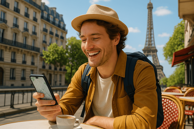 A happy traveler using their phone with a Yoho Mobile eSIM for navigation in Paris, saving on roaming fees.