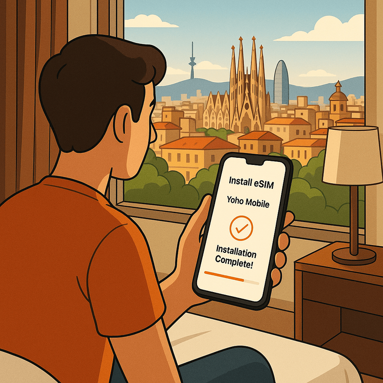 A traveler easily installing a Yoho Mobile eSIM on their smartphone in a Barcelona hotel room before heading out.