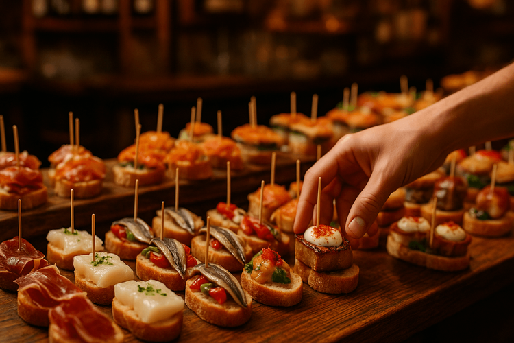 A delicious and colorful variety of Basque pintxos displayed on a bar in Bilbao's Old Town.
