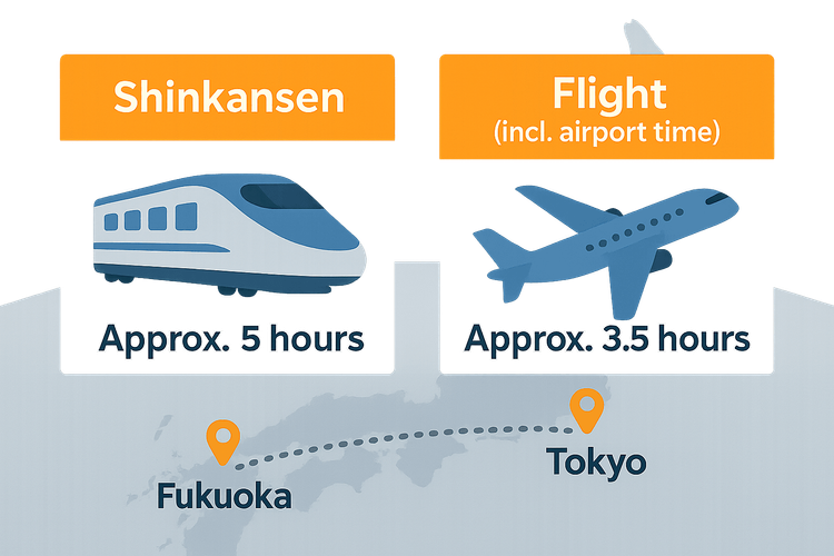 Infographic comparing travel time between Tokyo and Fukuoka via Shinkansen bullet train versus a domestic flight.