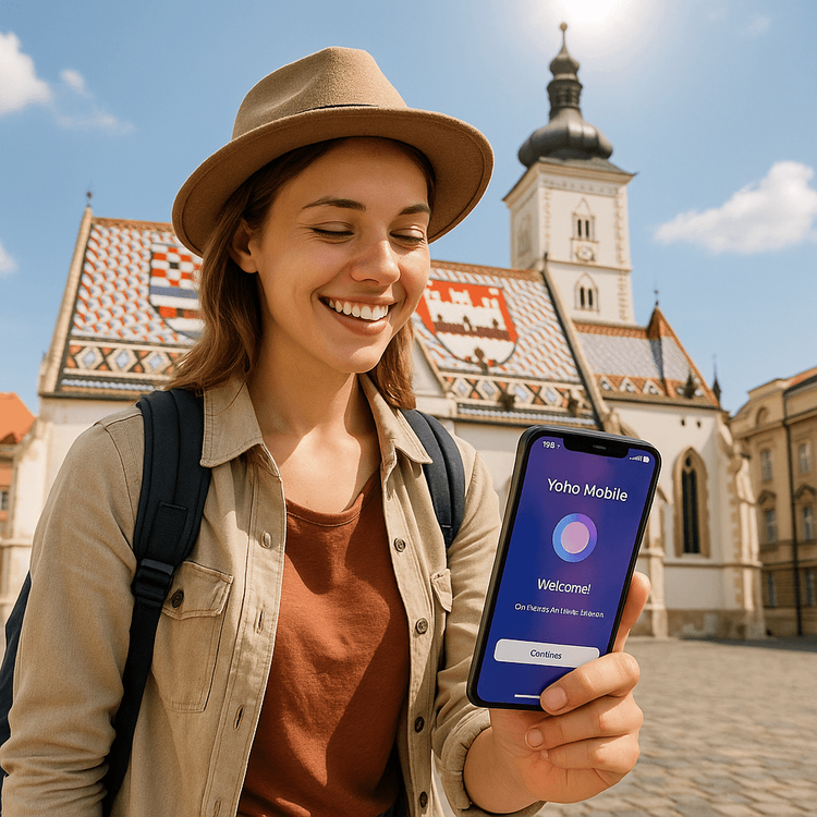 A traveler using a Yoho Mobile eSIM on her phone in front of St. Mark's Church in Zagreb, Croatia.