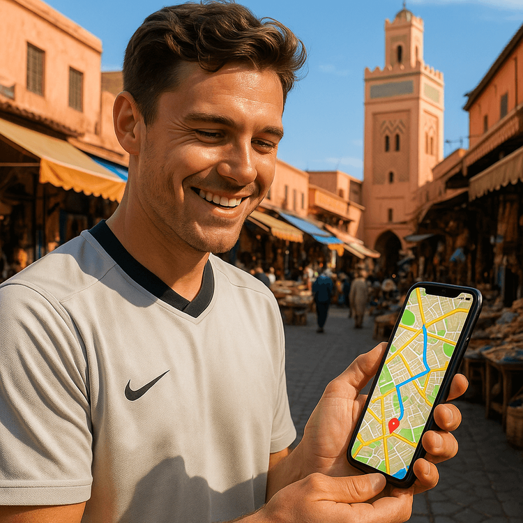A traveler using a Yoho Mobile eSIM for navigation on their phone in a vibrant Moroccan market.