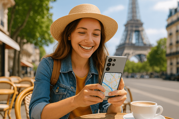 A happy traveler using a Samsung S25 Ultra with Yoho Mobile eSIM data for navigation in Paris.