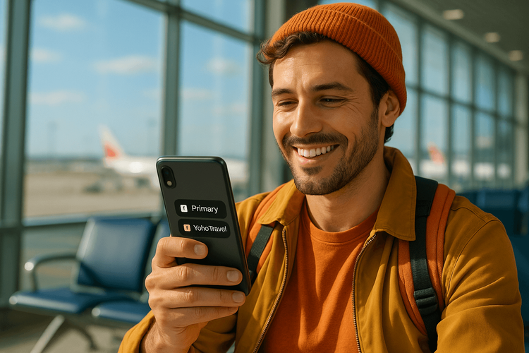 A happy traveler in an airport using a phone with dual SIM enabled for their primary number and a Yoho Mobile eSIM.