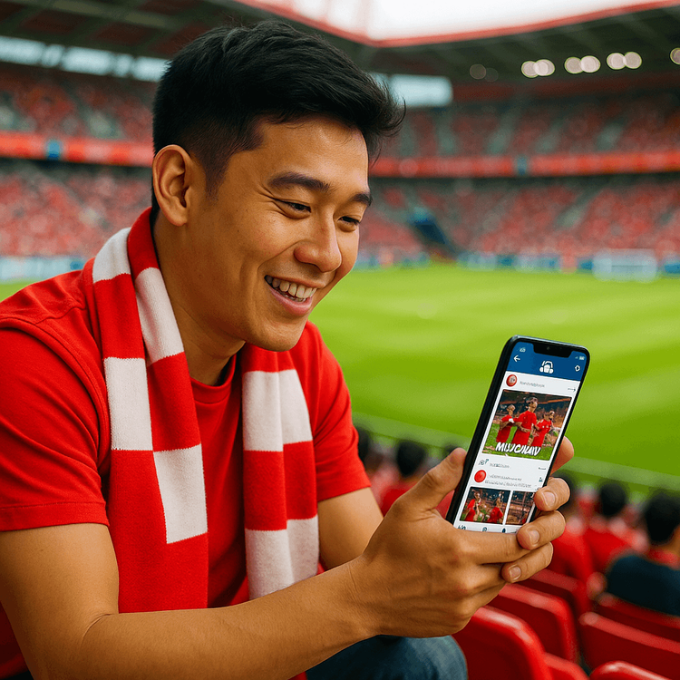 A football fan using his smartphone with Yoho Mobile eSIM to stay connected during an AFC Champions League match in an Asian stadium.