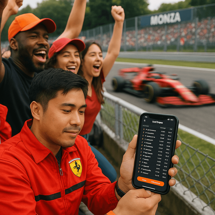 A fan using a Yoho Mobile eSIM on their phone to follow live F1 race data at the Monza Grand Prix.