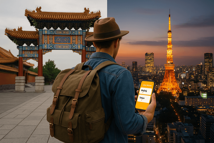 A traveler using a Yoho Mobile eSIM for seamless internet connectivity while traveling between China and Japan in 2026.