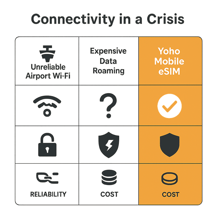 An infographic comparing the reliability, security, and cost of Airport Wi-Fi, Data Roaming, and Yoho Mobile eSIM during travel emergencies.