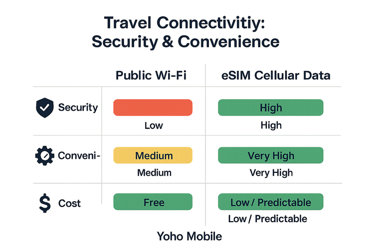 Infographic comparing the security, convenience, and cost of using public Wi-Fi versus a secure eSIM cellular data plan for travel.
