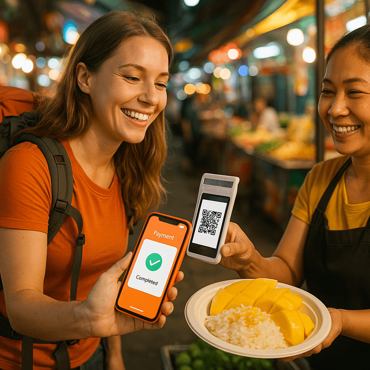 A traveler using her smartphone to make a QR code payment at a street food stall in Bangkok, Thailand.
