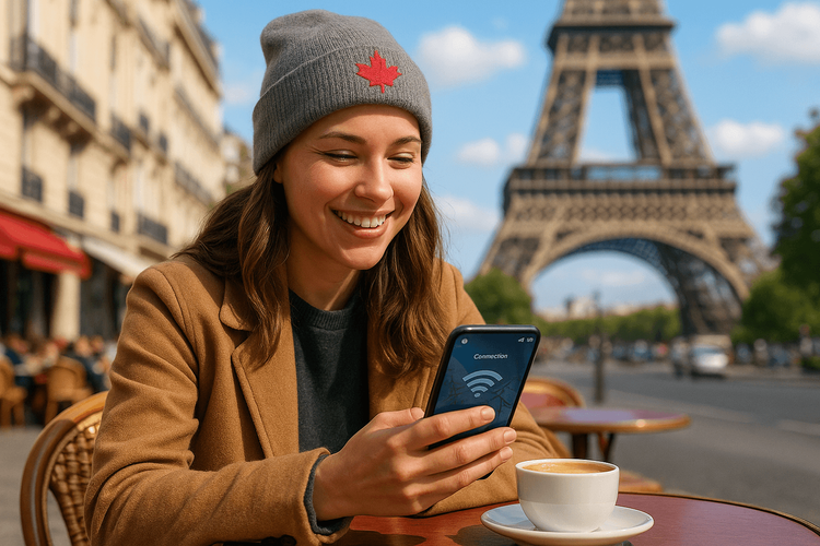 A Canadian traveler happily using their phone in Paris, demonstrating the ease of staying connected abroad with a travel eSIM.