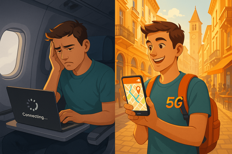 Split image contrasting the frustration of slow in-flight WiFi with the joy of fast, affordable eSIM data in a European city.