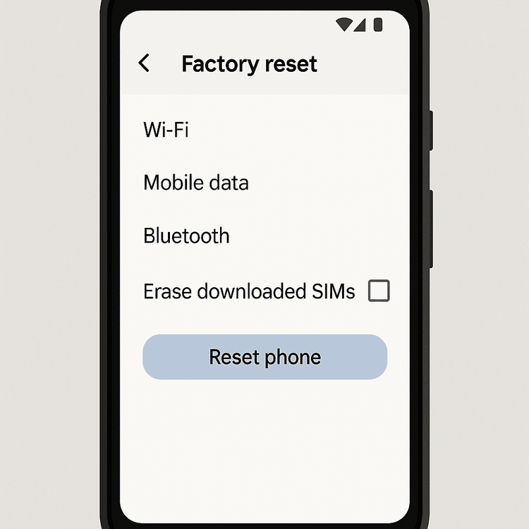 Diagram showing the option to 'Erase downloaded SIMs' during a factory reset on an Android phone.