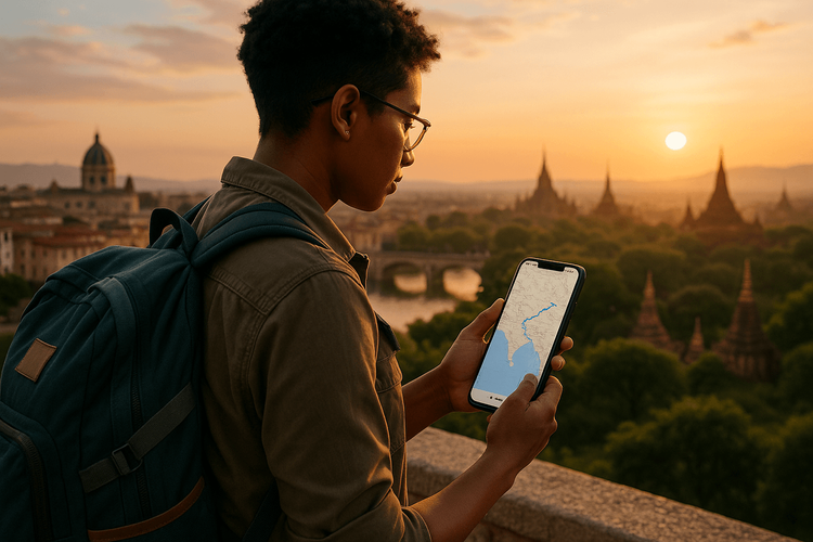 A backpacker planning a multi-country trip on their smartphone with a Yoho Mobile eSIM, overlooking a scenic global landscape.