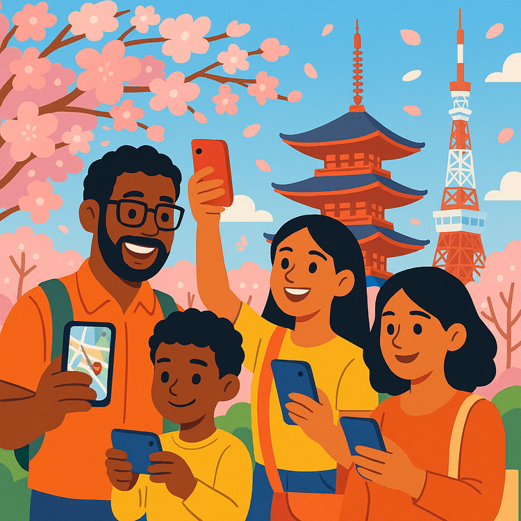 An illustration of a family on vacation in Tokyo, each member using their own smartphone with an eSIM for independent connectivity.