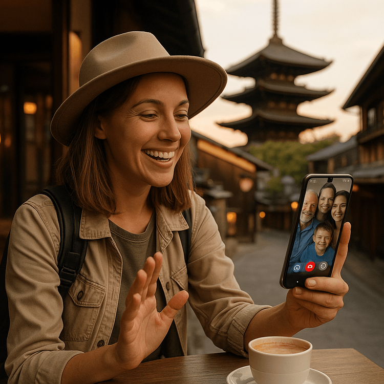 A traveler happily making a video call using her eSIM data while enjoying a coffee in Kyoto, Japan.